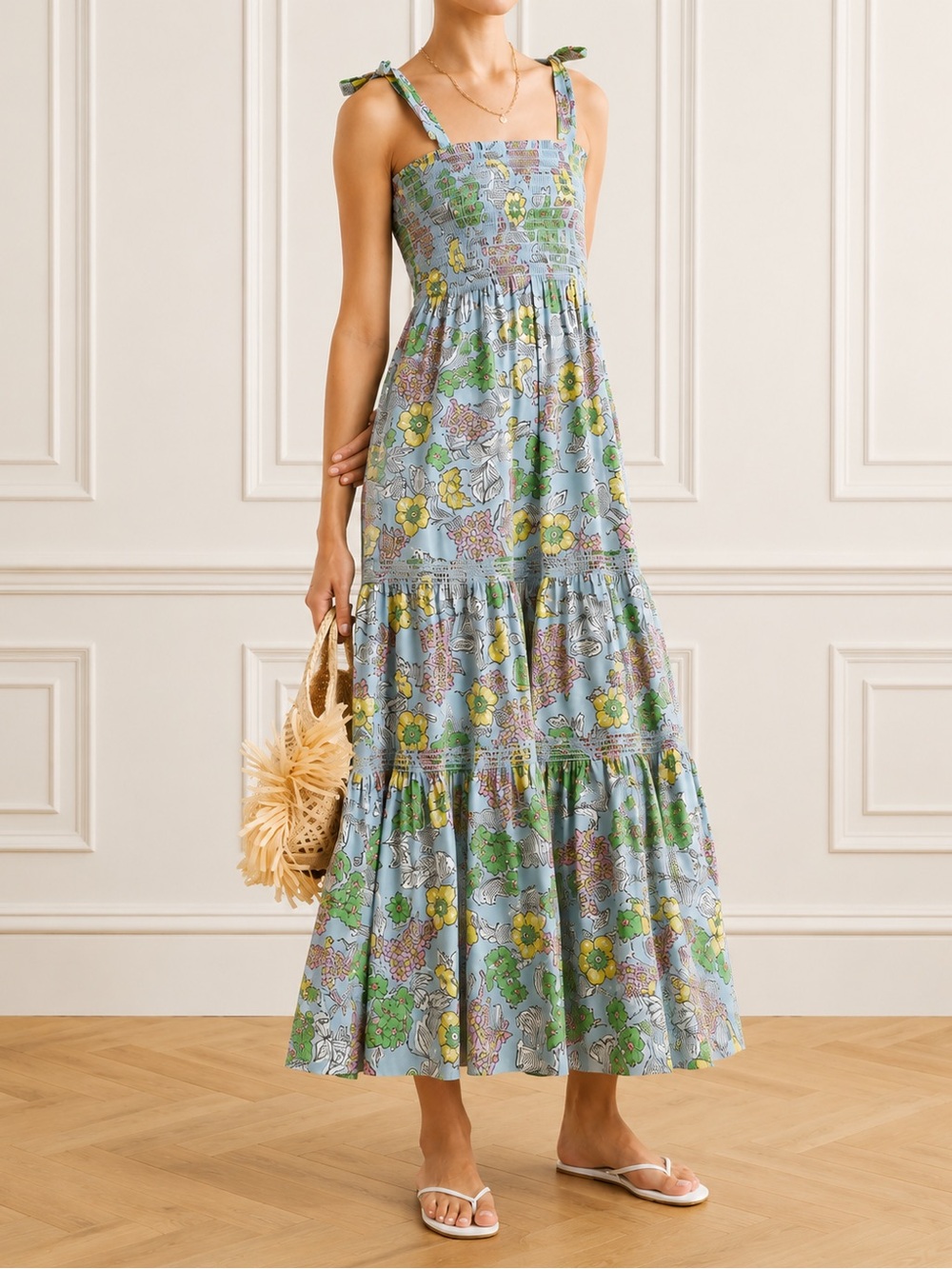 Tory Burch Tiered Shirred Floral Poplin Maxi Dress Size Large